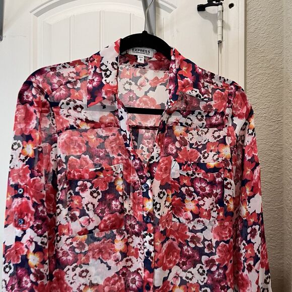 Express The Portofino Shirt Pink Floral Button Up Roll Tab Top Womens Size S - Picture 2 of 9